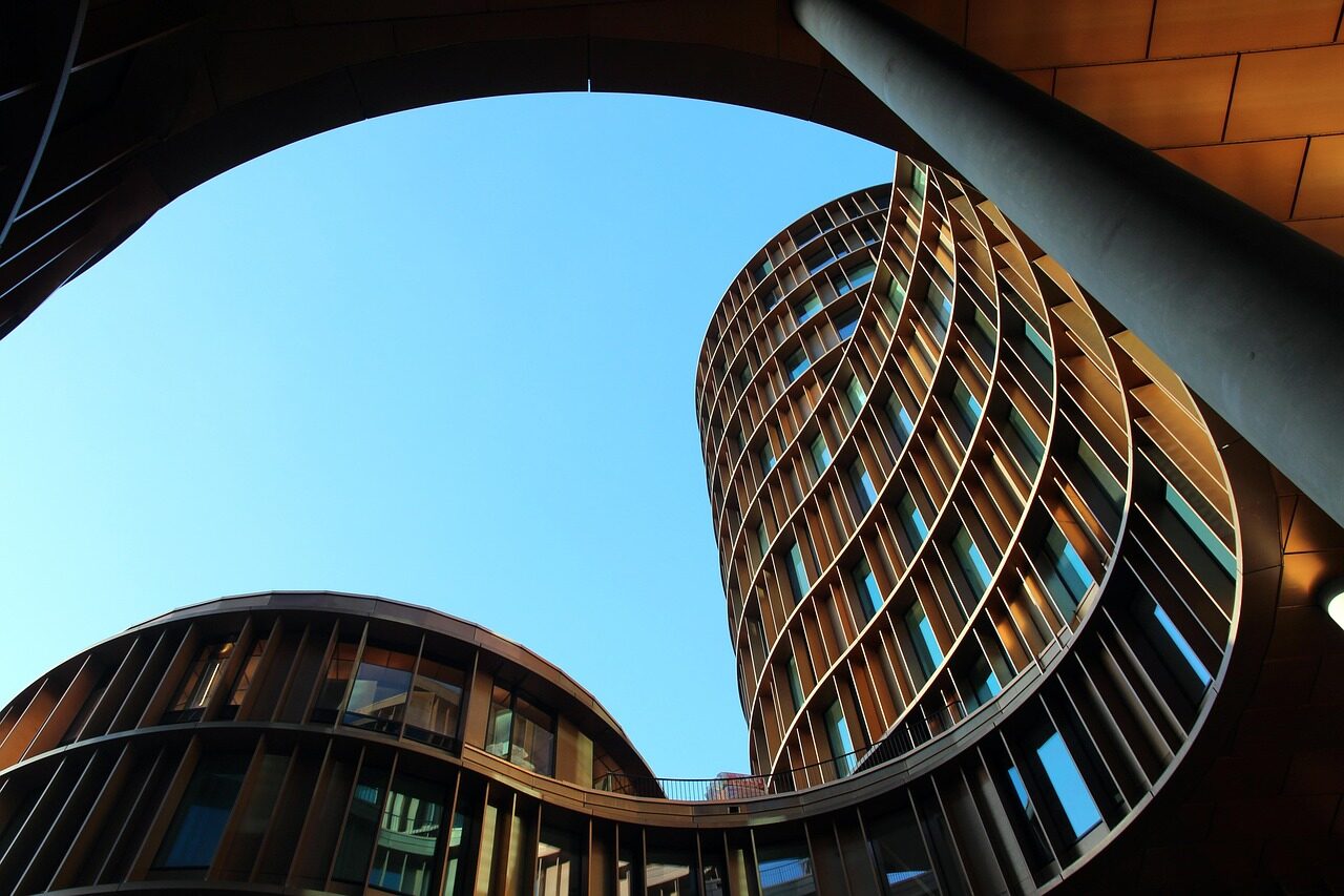 architecture, tower, building, red brown, low angle shot, blue, sky, construction, perspective, site, modern, construction art, facade, nature, glass, round, build, house, design, contemporary architecture, blue sky, modern architecture