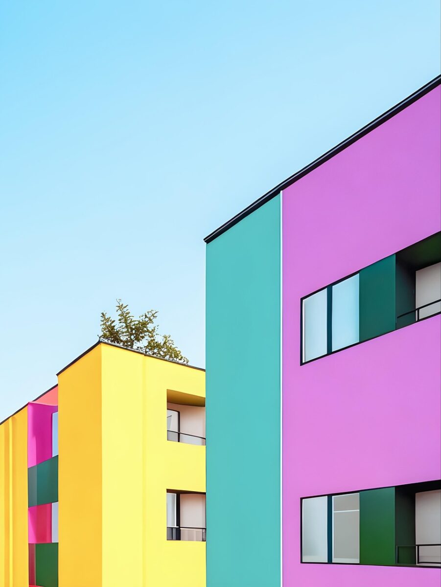 yellow, architecture, town, buildings, city, home, apartment, green, pink